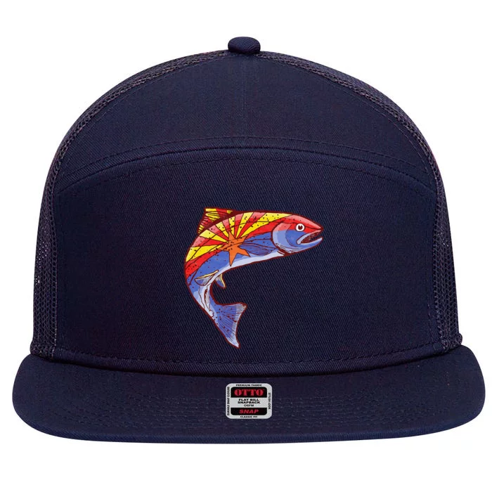 Retro Arizona Flag Trout Vintage Fly Fishing Graphic Design 7 Panel Mesh Trucker Snapback Hat