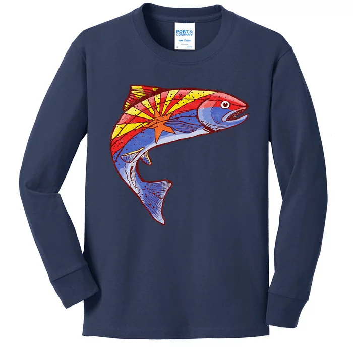 Retro Arizona Flag Trout Vintage Fly Fishing Graphic Design Kids Long Sleeve Shirt