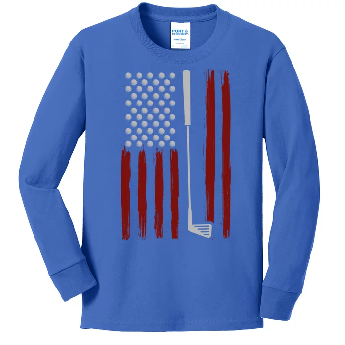 Retro American Flag Golf Gift For Golfer Funny Golf Club Kids Long Sleeve Shirt