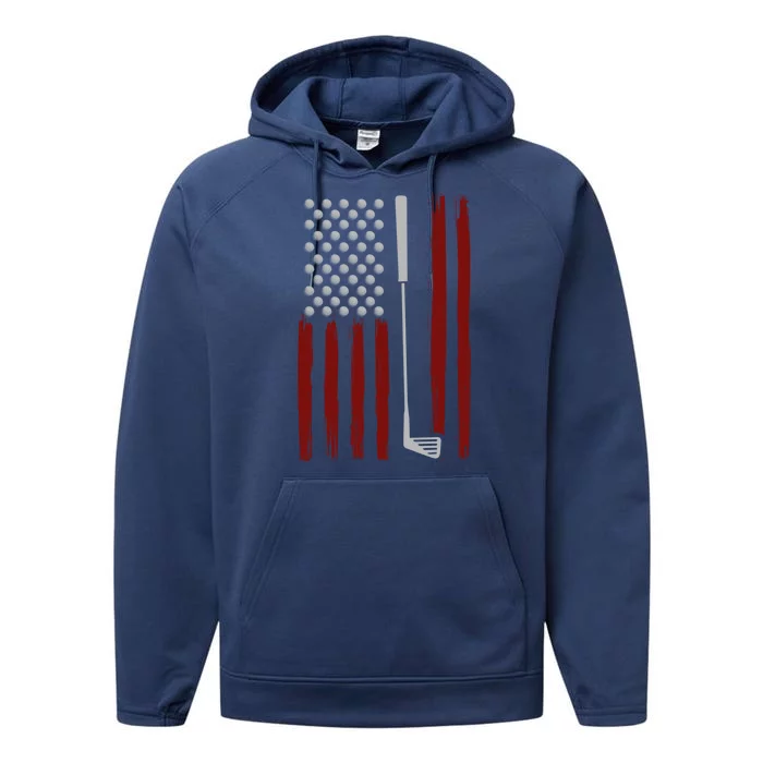 Retro American Flag Golf Gift For Golfer Funny Golf Club Performance Fleece Hoodie