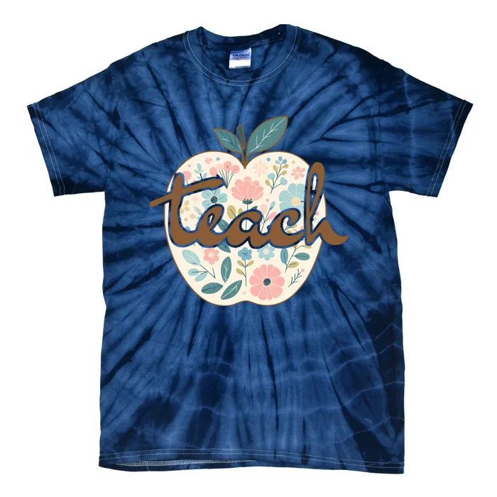 Retro Apple Floral Teach Teacher Tie-Dye T-Shirt