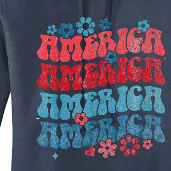 Retro American Groovy 4th Of July America Patriotic Usa Women's Pullover Hoodie