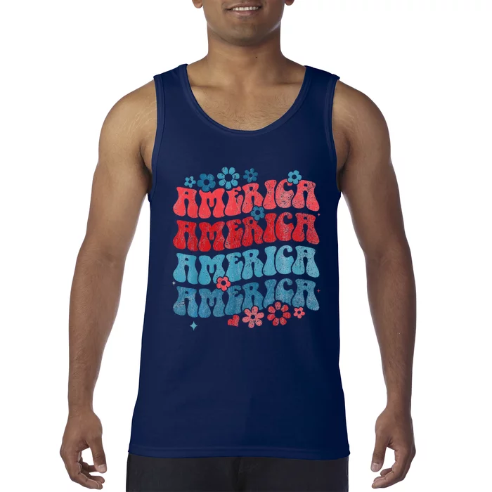 Retro American Groovy 4th Of July America Patriotic Usa Tank Top