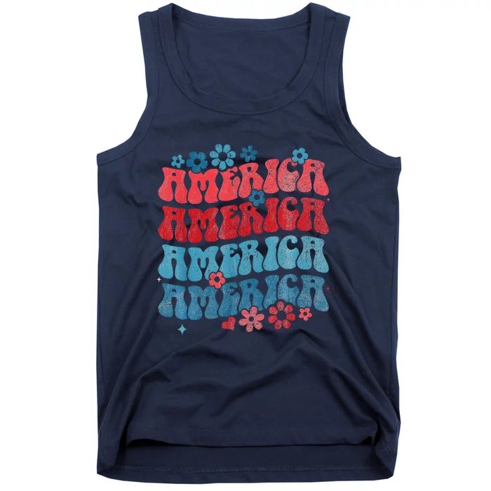 Retro American Groovy 4th Of July America Patriotic Usa Tank Top