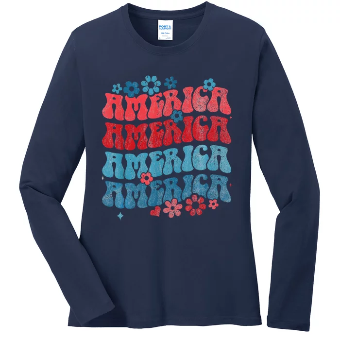 Retro American Groovy 4th Of July America Patriotic Usa Ladies Long Sleeve Shirt