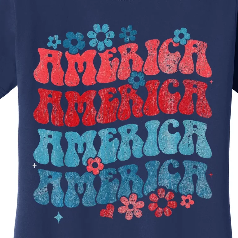 Retro American Groovy 4th Of July America Patriotic Usa Women's T-Shirt