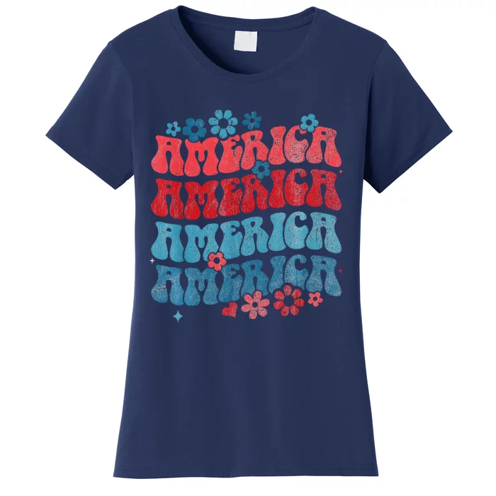 Retro American Groovy 4th Of July America Patriotic Usa Women's T-Shirt