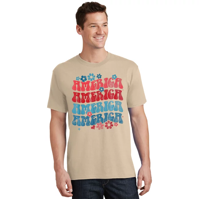 Retro American Groovy 4th Of July America Patriotic Usa T-Shirt