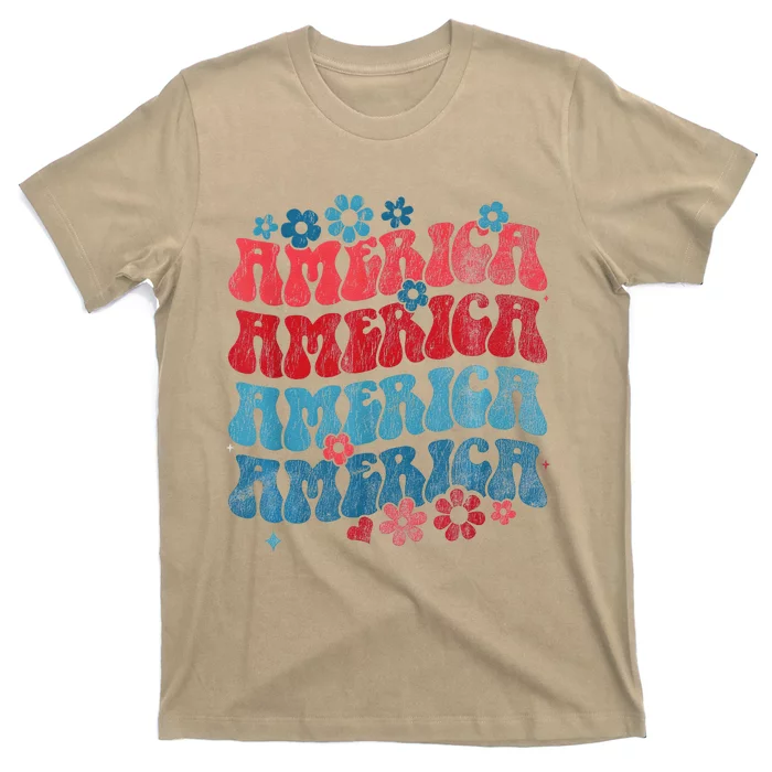 Retro American Groovy 4th Of July America Patriotic Usa T-Shirt