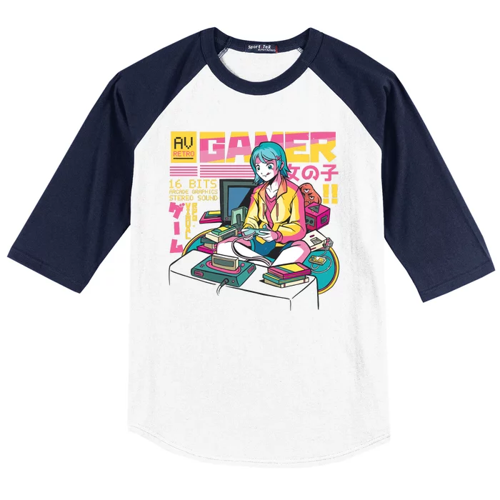 Retro Anime Gamer Girl Classic Baseball Sleeve Shirt