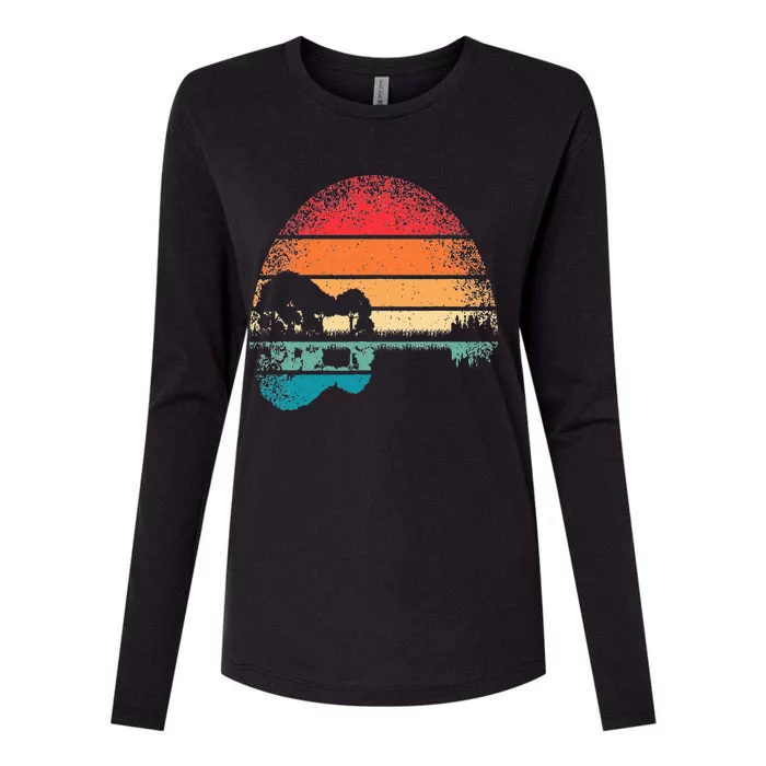 Retro Acoustic Guitar Lake Sunset Guitarist Music Lover Womens Cotton Relaxed Long Sleeve T-Shirt