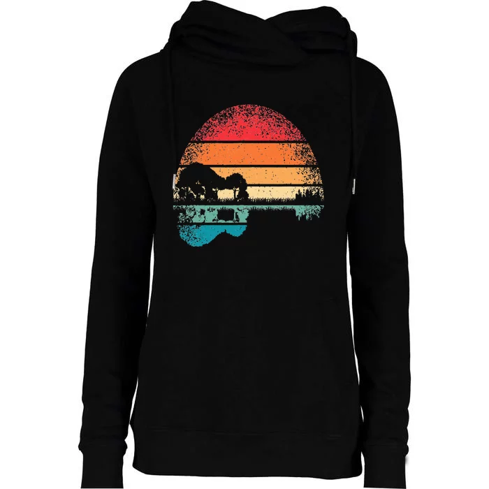 Retro Acoustic Guitar Lake Sunset Guitarist Music Lover Womens Funnel Neck Pullover Hood