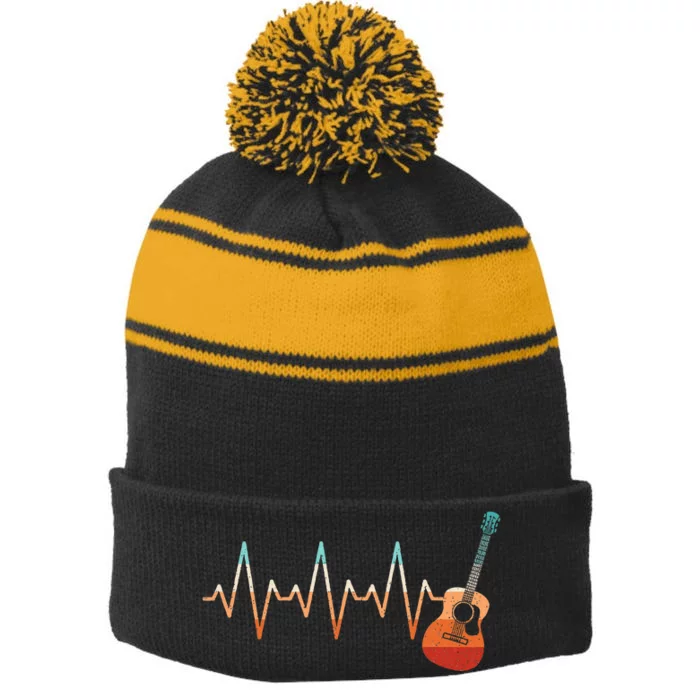 Retro Acoustic Guitar Heartbeat Guitarist Country Music Rock Stripe Pom Pom Beanie