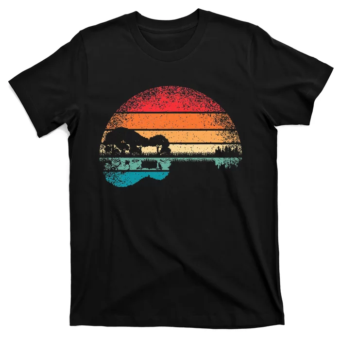 Retro Acoustic Guitar Lake Sunset Guitarist Music T-Shirt