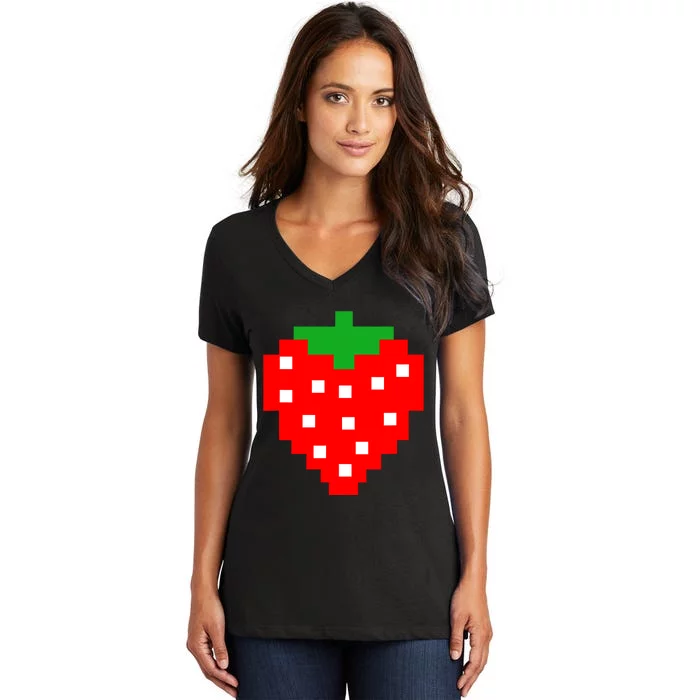 Retro Arcade Game Pixel Strawberry 80s Halloween Costume Women's V-Neck T-Shirt