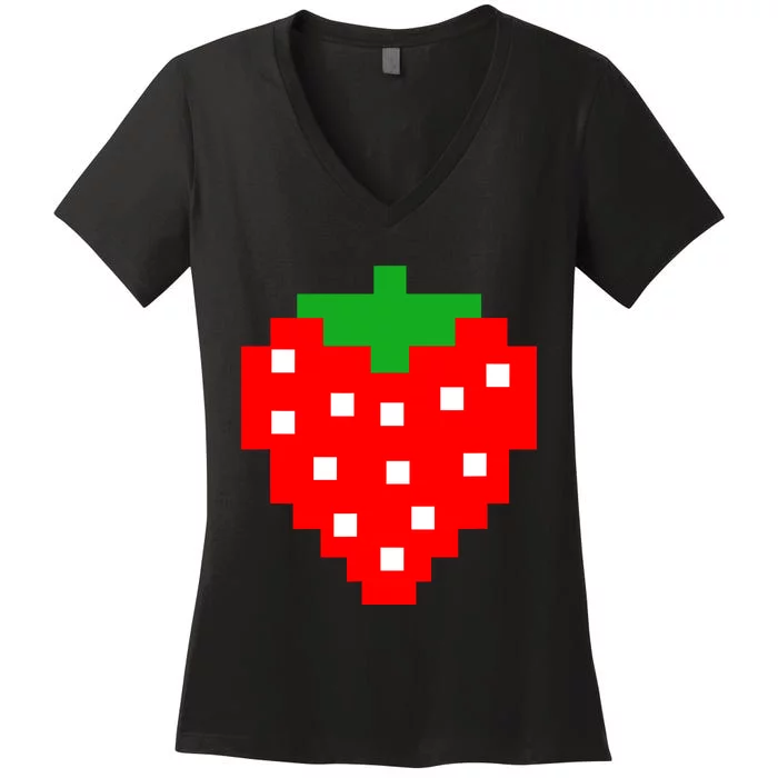 Retro Arcade Game Pixel Strawberry 80s Halloween Costume Women's V-Neck T-Shirt