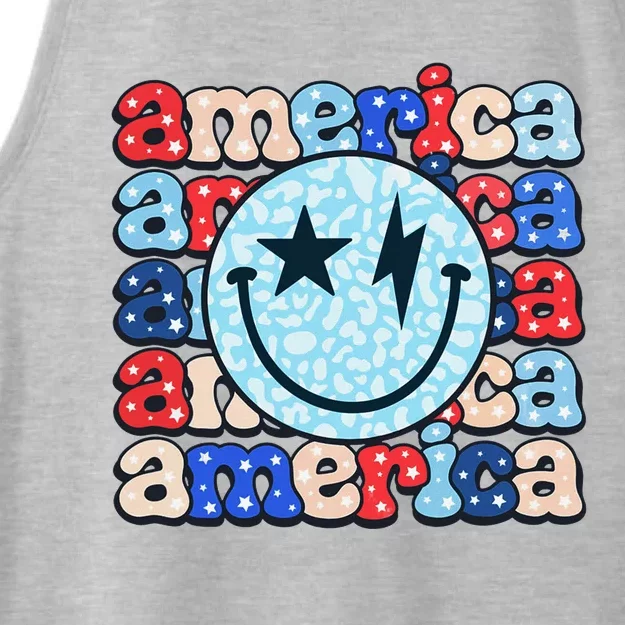 Retro America Groovy Smile 4th Of July Patriotic Fun Ladies Tri-Blend Wicking Tank