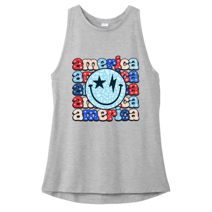 Retro America Groovy Smile 4th Of July Patriotic Fun Ladies Tri-Blend Wicking Tank