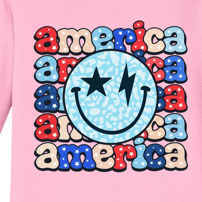 Retro America Groovy Smile 4th Of July Patriotic Fun Baby Long Sleeve Bodysuit