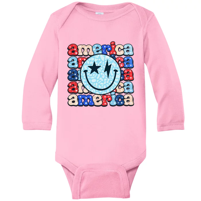 Retro America Groovy Smile 4th Of July Patriotic Fun Baby Long Sleeve Bodysuit