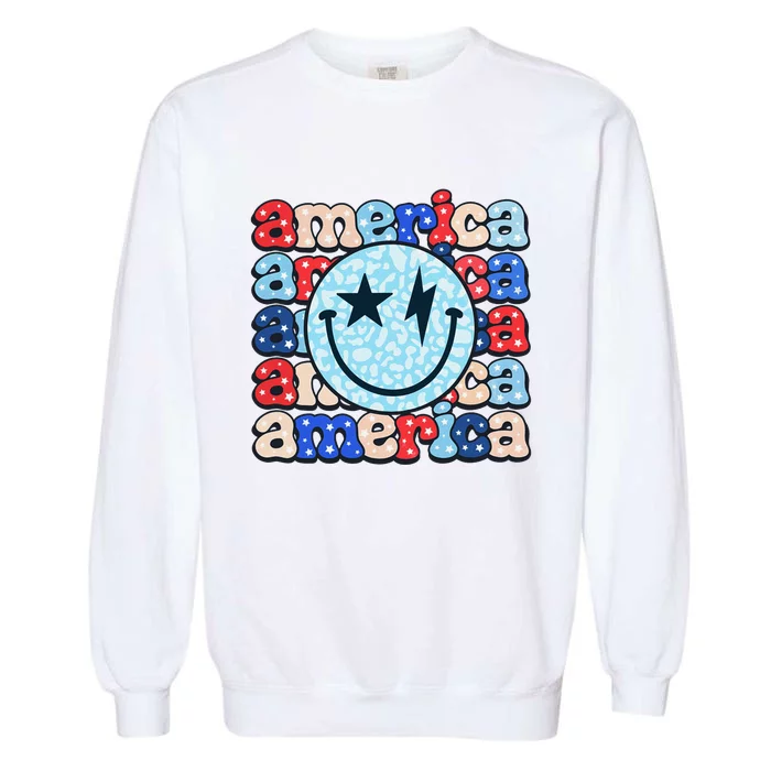 Retro America Groovy Smile 4th Of July Patriotic Fun Garment-Dyed Sweatshirt