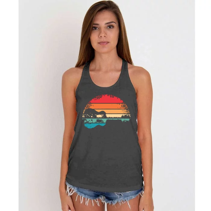 Retro Acoustic Guitar Lake Sunset Guitarist Music Lover Women's Knotted Racerback Tank