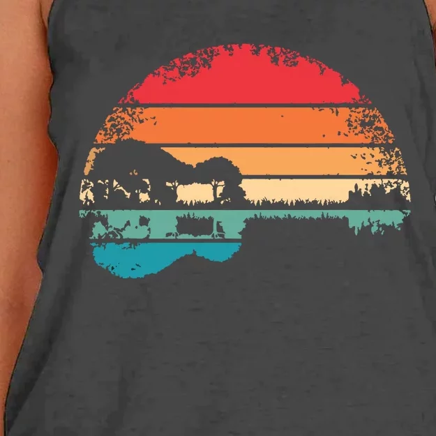 Retro Acoustic Guitar Lake Sunset Guitarist Music Lover Women's Knotted Racerback Tank