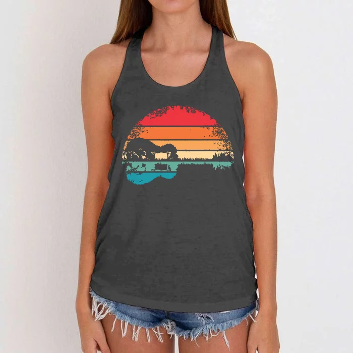 Retro Acoustic Guitar Lake Sunset Guitarist Music Lover Women's Knotted Racerback Tank