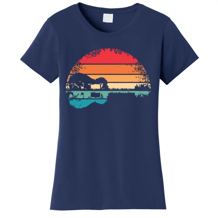 Retro Acoustic Guitar Lake Sunset Guitarist Music Lover Women's T-Shirt