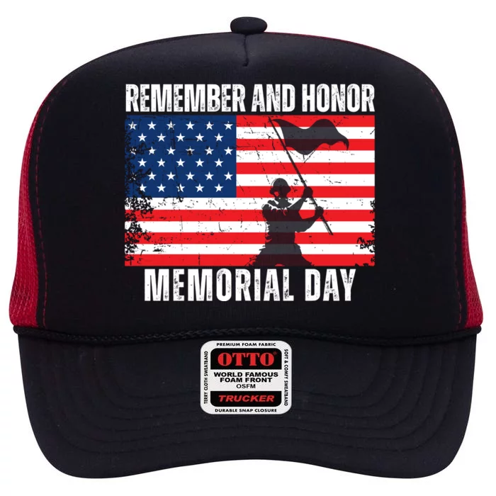 Remember And Honor Memorial Day Usa Flag High Crown Mesh Trucker Hat