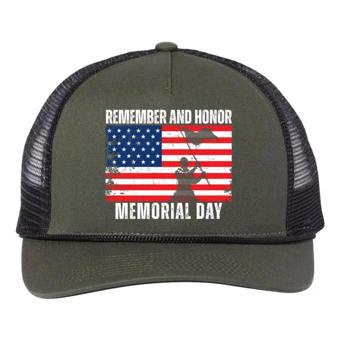 Remember And Honor Memorial Day Usa Flag Retro Rope Trucker Hat Cap