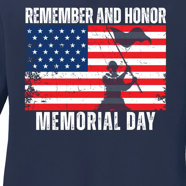 Remember And Honor Memorial Day Usa Flag Ladies Long Sleeve Shirt