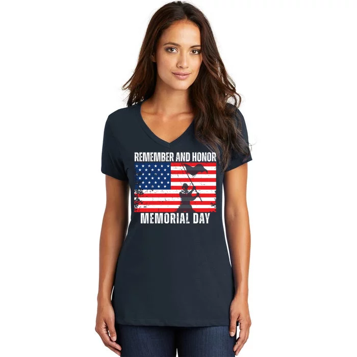 Remember And Honor Memorial Day Usa Flag Women's V-Neck T-Shirt