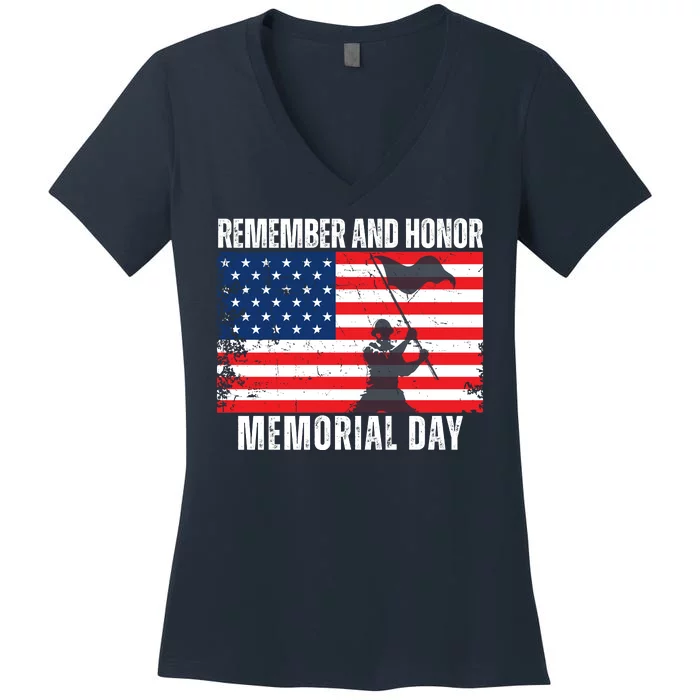 Remember And Honor Memorial Day Usa Flag Women's V-Neck T-Shirt