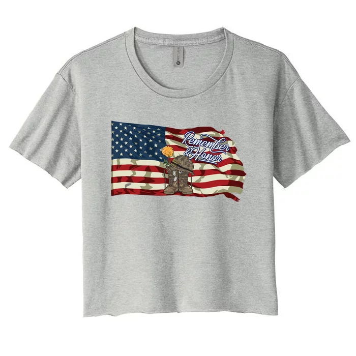 Remember And Honor Veterans Day Patriotic American Flag Cool Gift Women's Crop Top Tee