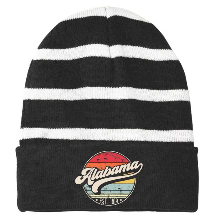 Retro Alabama Home State Al Cool 70s Style Sunset Striped Beanie with Solid Band