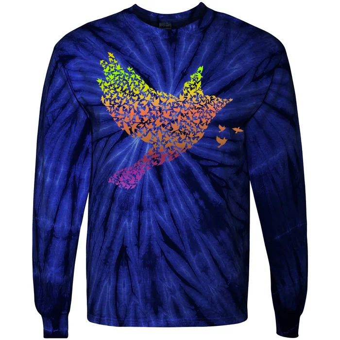 Rainbow Bird Abstract Flock Tie-Dye Long Sleeve Shirt