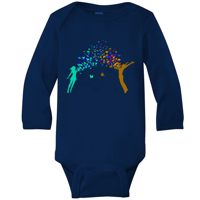 Rainbow Bird Flock Boy And Girl Baby Long Sleeve Bodysuit