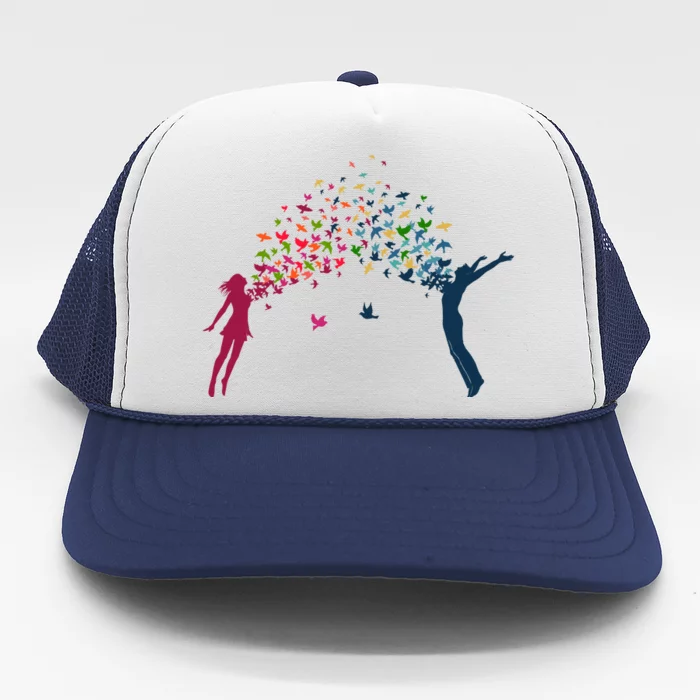 Rainbow Bird Flock Boy And Girl Trucker Hat