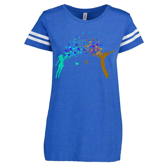 Rainbow Bird Flock Boy And Girl Enza Ladies Jersey Football T-Shirt