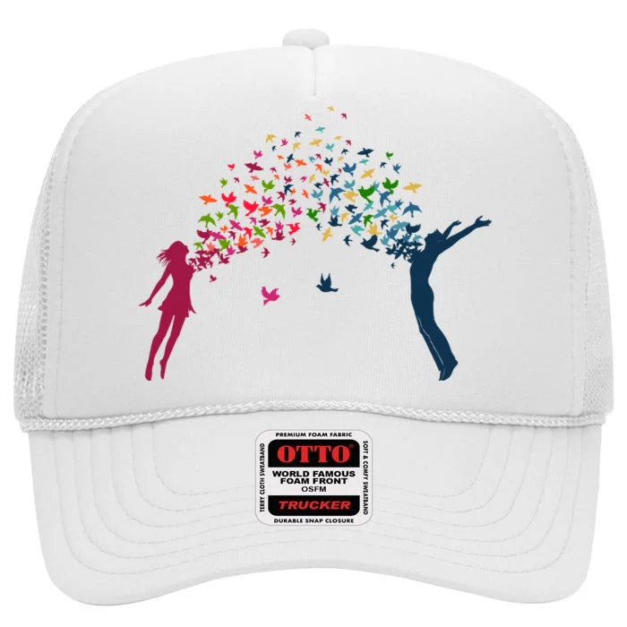 Rainbow Bird Flock Boy And Girl High Crown Mesh Trucker Hat