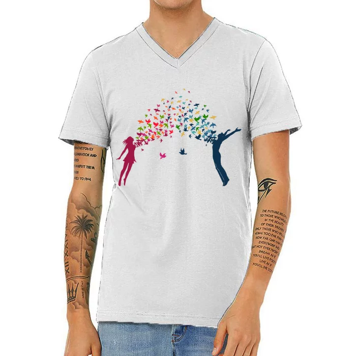 Rainbow Bird Flock Boy And Girl V-Neck T-Shirt