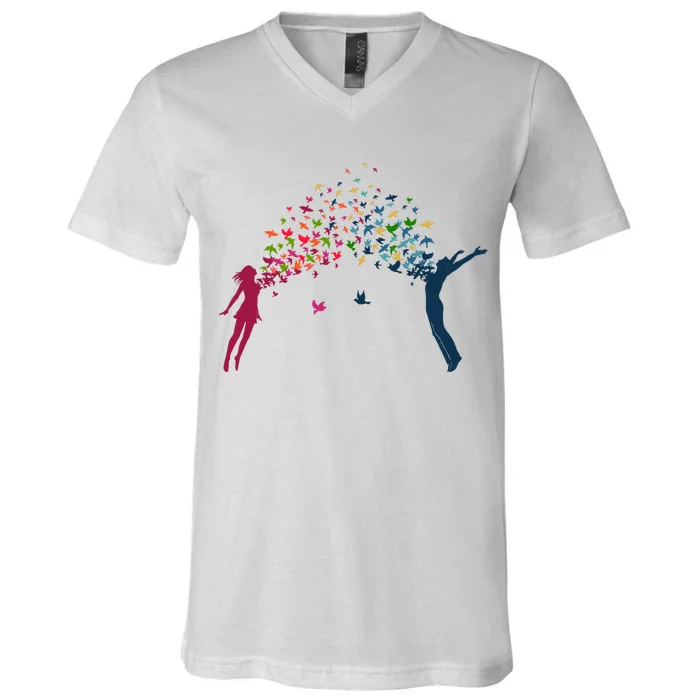 Rainbow Bird Flock Boy And Girl V-Neck T-Shirt