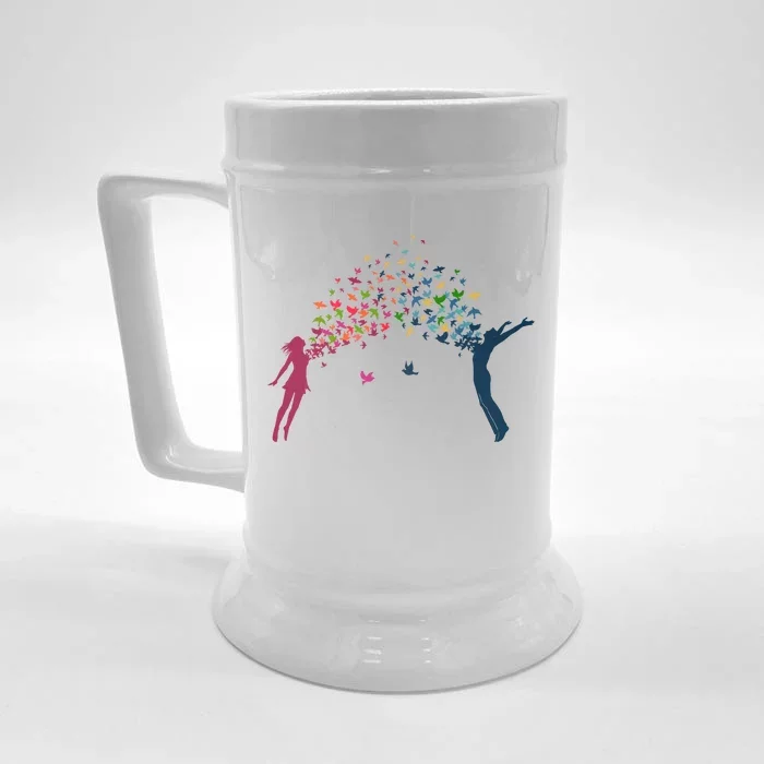 Rainbow Bird Flock Boy And Girl Front & Back Beer Stein