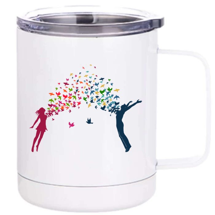 Rainbow Bird Flock Boy And Girl Front & Back 12oz Stainless Steel Tumbler Cup