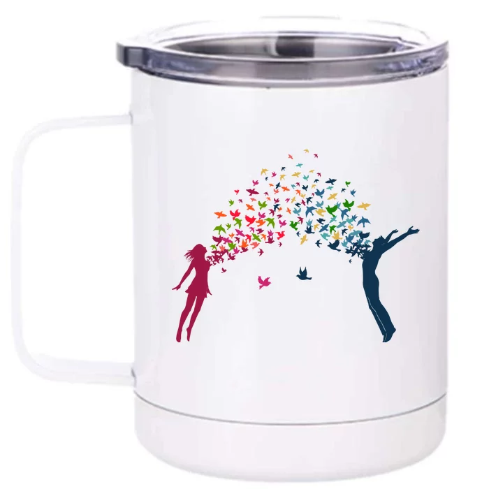 Rainbow Bird Flock Boy And Girl Front & Back 12oz Stainless Steel Tumbler Cup