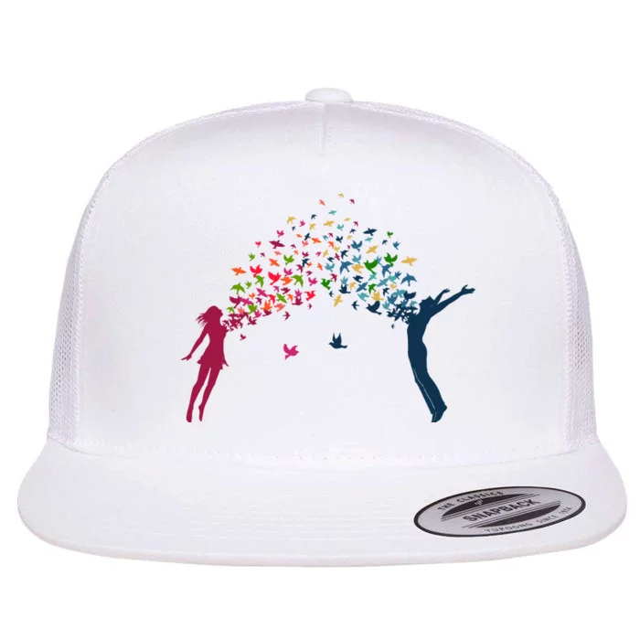 Rainbow Bird Flock Boy And Girl Flat Bill Trucker Hat