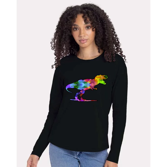 Rainbow Colorful Trex Dinosaur Womens Cotton Relaxed Long Sleeve T-Shirt