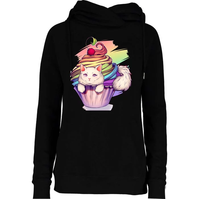 Rainbow Cupcake Kitten Cute Cat Womens Funnel Neck Pullover Hood