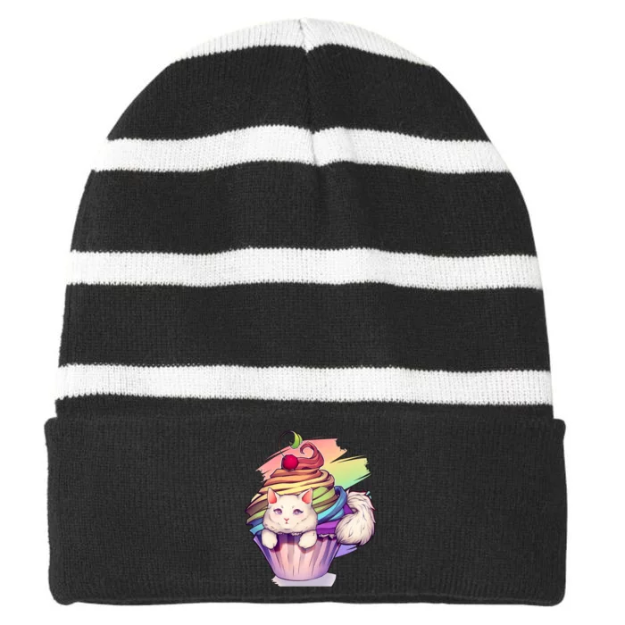 Rainbow Cupcake Kitten Cute Cat Striped Beanie with Solid Band